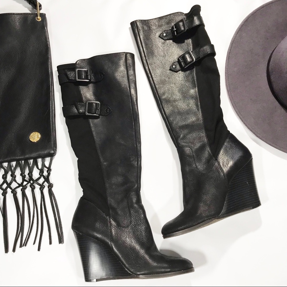 Black Wedge Knee-High Boots